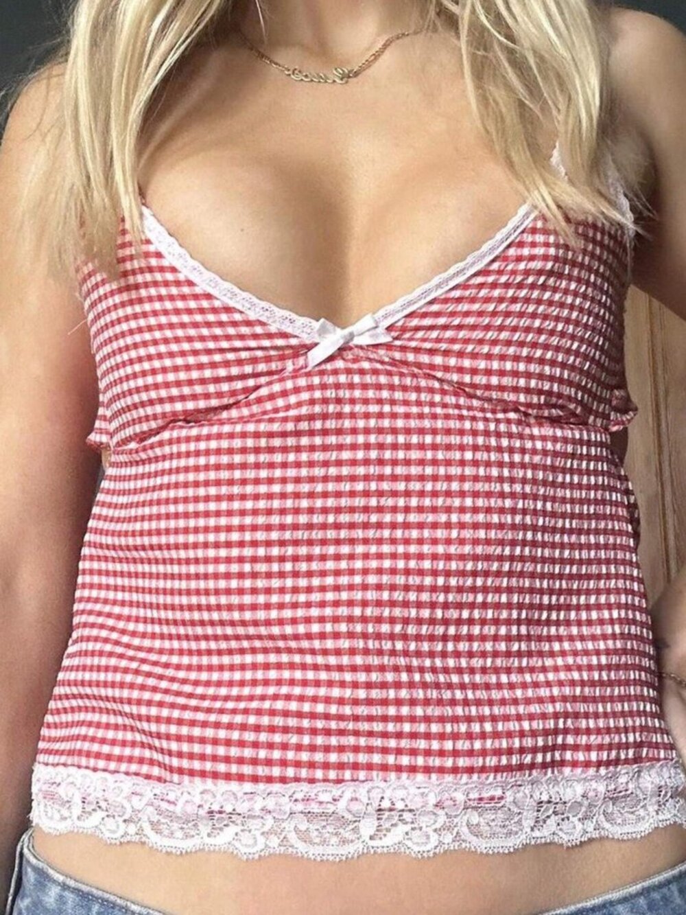 Women's Lace Trim Cami Tops Summer Spaghetti Strap Plaid Print
